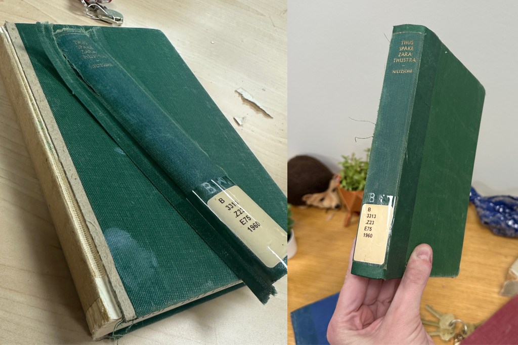 Two side-by-side images of a green book. In the first image the spine has been completely removed and is laying on top of the book. In the second image the book has been repaired, the spine now intact.